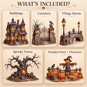 Può includere: Un set di villaggio di Halloween con cinque sezioni etichettate WHAT'S INCLUDED: Buildings, Cemetery, Village Streets, Spooky Forest e Pumpkin Patch + Characters. Il set include una casa gotica, un cancello, un ponte, un albero e uno spaventapasseri.