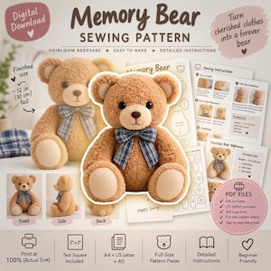 Pode incluir: Um molde de costura digital para um urso de memória, com um urso de pelúcia bege com uma gravata borboleta xadrez azul e branca. O molde inclui instruções impressas, diagramas e modelos para um urso acabado com 30 cm de altura.