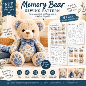 Puede incluir: Un patrón de costura en PDF para un oso de recuerdo, que muestra un oso de peluche beige con detalles de tela de cuadros vichy azul y flores, una pajarita y almohadillas en las patas. El documento incluye cuatro páginas de instrucciones.