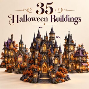 Może przedstawiać: Kolekcja 35 budynków na Halloween przedstawiająca skomplikowane kamienne zamki i konstrukcje z fioletowymi dachami, świecącymi żółtymi oknami i pomarańczowymi jesiennymi liśćmi. Tekst 35 Halloween Buildings znajduje się na górze.