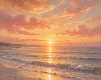以下が含まれることがあります： 夕暮れ時のビーチを描いたデジタル絵画。地平線近くに沈む黄金色の太陽が、空を柔らかなオレンジとピンクの雲で染めています。穏やかな波が砂浜に打ち寄せ、温かい光を反射しています。遠くには小さな鳥が飛んでいます。