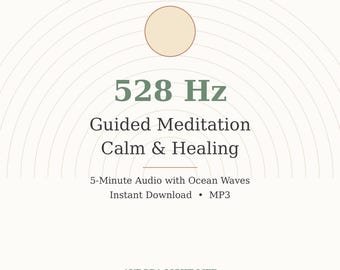 以下が含まれることがあります： ベージュの円と、その下に「528 Hz」「Guided Meditation」「Calm & Healing」「5-Minute Audio with Ocean Waves」「Instant Download」「MP3」「AURORA LIGHT LIFE」という文字が配置されたデジタル画像。背景には細い白い同心円が描かれています。