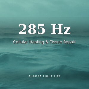 Könnte beinhalten: Eine blaugrüne Grafik mit dem Text 285 Hz, gefolgt von dem Satz Cellular Healing & Tissue Repair und dem Text AURORA LIGHT LIFE am unteren Rand, alles vor einem Hintergrund aus rollenden Meereswellen in blaugrünen Farbtönen.