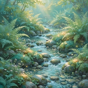 May include: A lush forest stream flows over smooth grey stones and mossy rocks, surrounded by vibrant green ferns and small white wildflowers. Soft golden light filters through the canopy, illuminating the water and tiny glowing particles.
