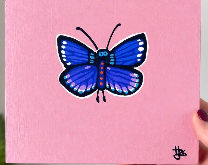 Hello You Blue Butterfly Painting, 6x6 Acrylic on Wood Panel