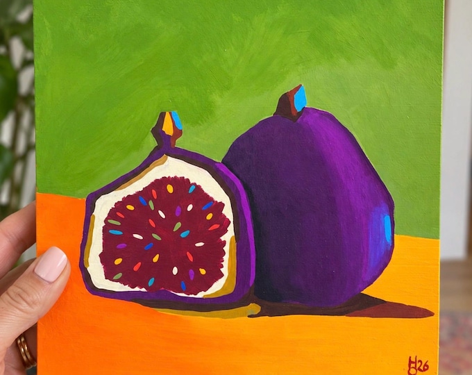 Two Figs Original Painting, Colorful Fruit Art, Purple Fig Still Life, Kitchen Wall Art