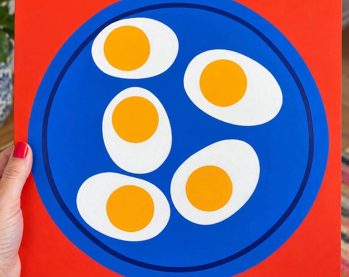 Hand-Painted Hard Boiled Eggs Art, Colorful Kitchen Wall Decor (12x12 Wood Panel)