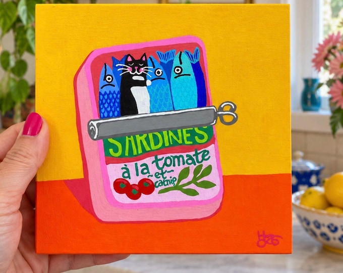 Packed with Love | Original Cat & Sardine Painting | Quirky Food Art | Colorful Kitchen Wall Art