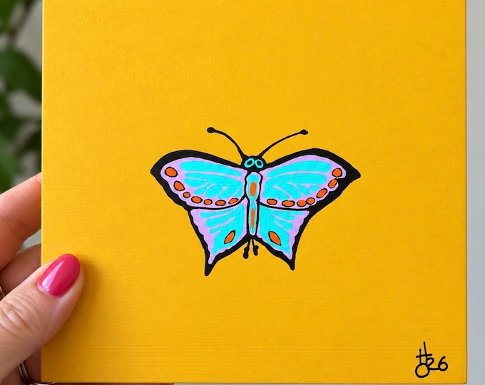 Well Hello Butterfly Painting, Original Acrylic on Wood, 6x6