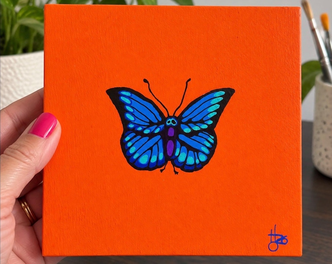 Howdy - Original Butterfly Painting, 6x6 Acrylic Art, Blue Butterfly Wall Decor