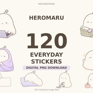 May include: A digital collection of 120 Heromaru everyday stickers featuring a white, blob-like character with a small purple antenna. The graphics show the character performing various daily tasks like working on a laptop, doing laundry, sleeping, and cleaning.