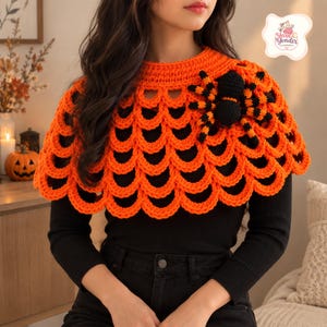 Crochet Spiderweb Capelet Pattern, Halloween Cape PDF, Orange Web Shawl with Spider, Spooky Costume Accessory Crochet Tutorial
