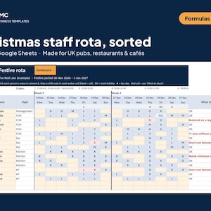 Peut inclure: Un modèle numérique de planning de personnel pour Noël sur Excel et Google Sheets avec un en-tête bleu foncé affichant le texte LMC Business Templates et Formulas built in. Le tableau présente un calendrier festif pour pubs et restaurants.