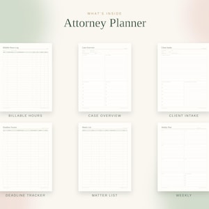 May include: A digital attorney planner set featuring six white pages with black text. The pages are labeled Billable Hours Log, Case Overview, Client Intake, Deadline Tracker, Matter List, and Weekly Plan, each with organized columns and lines.