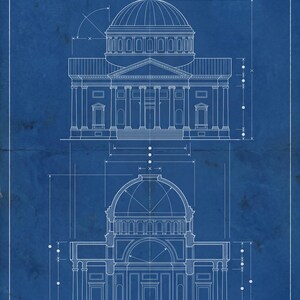 Könnte beinhalten: Ein blauer Architekturplan mit weißen Strichzeichnungen eines Gebäudes mit zentraler Kuppel und Säulen. Der Druck zeigt zwei Ansichten: eine Außenansicht und einen Querschnitt, beide mit technischen Maßlinien versehen.