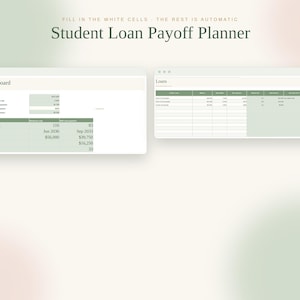 May include: A digital Student Loan Payoff Planner spreadsheet with a sage green and white colour scheme. The interface displays a Dashboard and a Loans tab, featuring tables for tracking loan balances, interest rates, and monthly payment data.