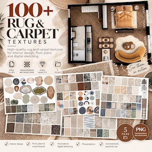 May include: A digital collection of 100+ rug and carpet textures featuring various shapes, patterns, and colours. The set includes PNG files with transparent backgrounds for interior design, floor plans, and digital sketching projects.