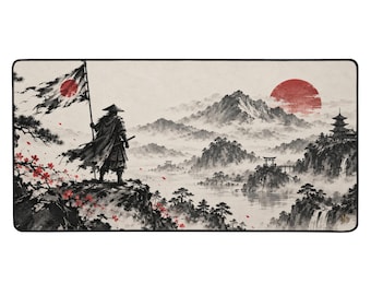 Tapis de bureau japonais XXL – Paysage Sumi-e – Deskmat Japon, Montagnes & Soleil Rouge – Tapis de souris gaming