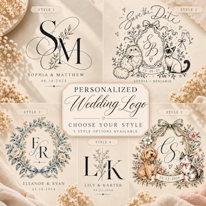 Könnte beinhalten: Eine Sammlung von fünf personalisierten Hochzeitslogos mit verschiedenen Monogrammen, Blumenkränzen sowie Illustrationen von Katzen und Hunden. Jeder Stil enthält Namen und Daten sowie Textbeschriftungen von Style 1 bis 5.