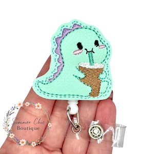Dino With Iced Coffee Badge Reel, RN Badge Reel, Nurse Badge Reel, Medical Badge Reel, Badge Reel, Badge Holder, Dinosaur Badge image 1