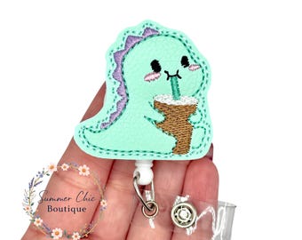 Dino With Iced Coffee Badge Reel, RN Badge Reel, Nurse Badge Reel, Medical Badge Reel, Badge Reel, Badge Holder, Dinosaur Badge