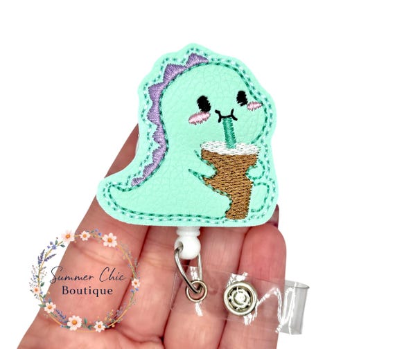 Dino With Iced Coffee Badge Reel, RN Badge Reel, Nurse Badge Reel, Medical Badge Reel, Badge Reel, Badge Holder, Dinosaur Badge