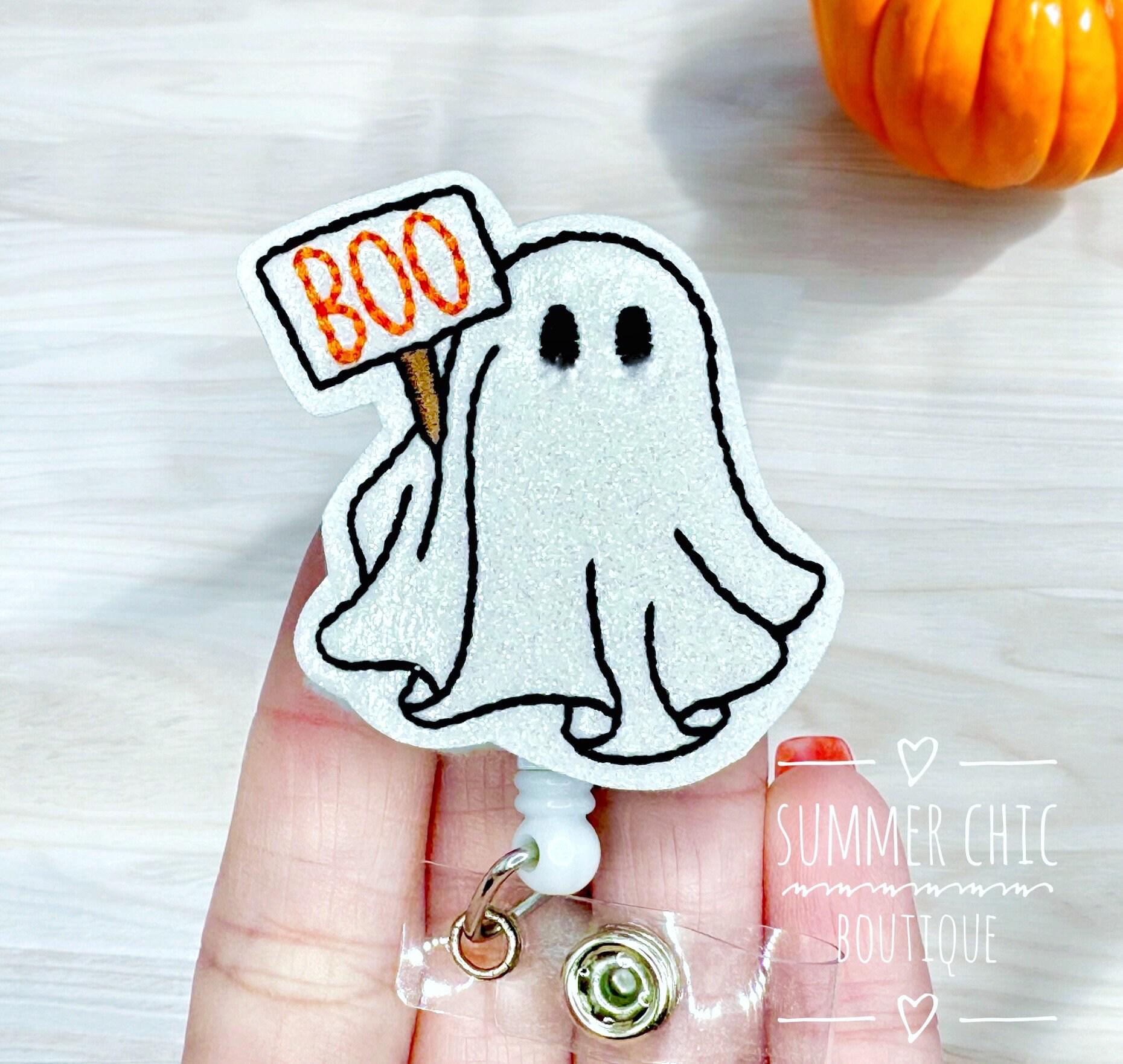 Halloween Ghost Badge Reel - Sparkly Glitter Retractable ID Holder For Nurses Teachers Medical