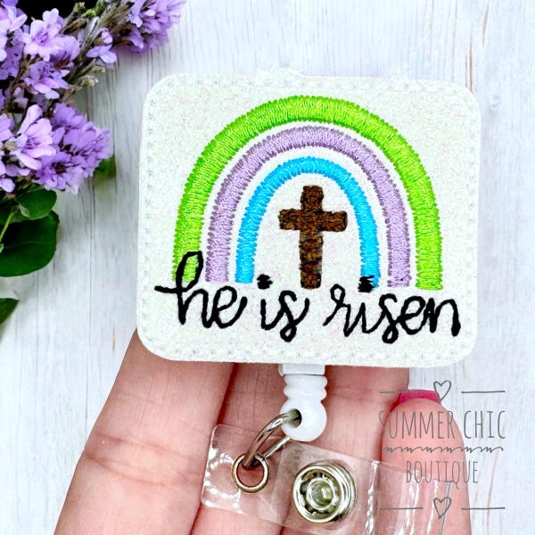 Carrete de insignias de Pascua con arcoíris "Él ha resucitado", carrete de insignias de enfermeras, carrete de insignias médicas, carrete de insignias de enfermeras, carrete de insignias de enfermeras registradas, carrete de insignias, carrete de insignias