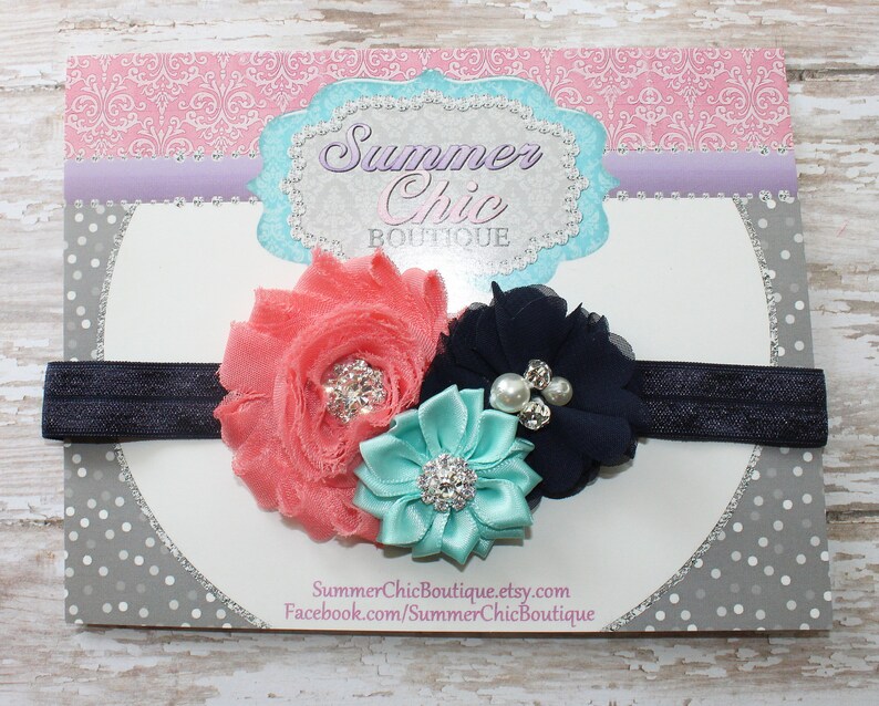 Infant Headband Coral Coral and Navy Headband Coral Headband Baby Headband Newborn Headband Navy Headband Navy and Aqua Headband