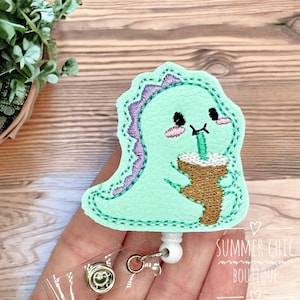 Dino With Iced Coffee Badge Reel, RN Badge Reel, Nurse Badge Reel, Medical Badge Reel, Badge Reel, Badge Holder, Dinosaur Badge