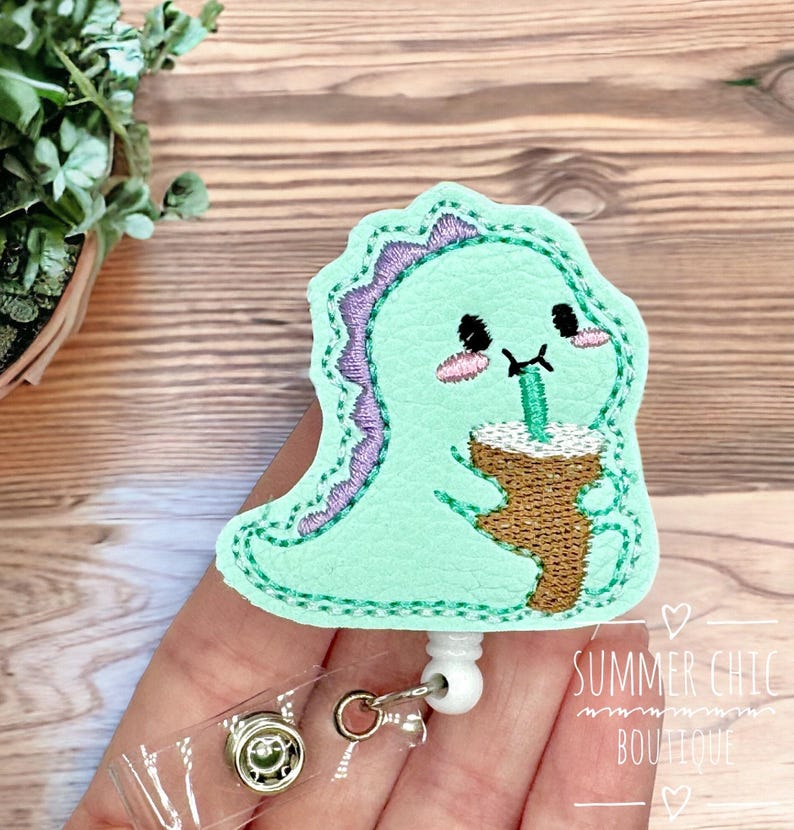 Dino With Iced Coffee Badge Reel, RN Badge Reel, Nurse Badge Reel, Medical Badge Reel, Badge Reel, Badge Holder, Dinosaur Badge image 2