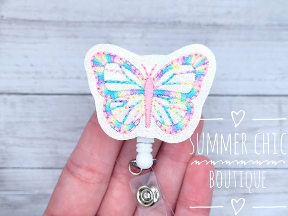 Glitter Pastel Rainbow Butterfly Badge Reel, Nurse Badge Reel