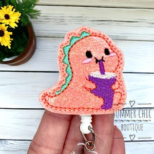 Dino With Iced Coffee Badge Reel, RN Badge Reel, Nurse Badge Reel, Medical Badge Reel, Badge Reel, Badge Holder, Dinosaur Badge