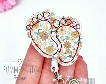 Floral Baby Feet Badge Reel, Labor and Delivery Badge Reel, Nurse Badge Reel, Badge Reel, RN Badge Reel, Medical Badge Reel, Badge Holder