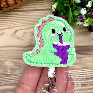 Dino With Iced Coffee Badge Reel, RN Badge Reel, Nurse Badge Reel, Medical Badge Reel, Badge Reel, Badge Holder, Dinosaur Badge