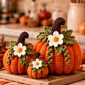 May include: Three crocheted pumpkins in varying sizes, each featuring a vibrant orange ribbed body, a dark brown textured stem, green crocheted leaves, curly green tendrils, and a single white flower with a yellow center attached to the top.
