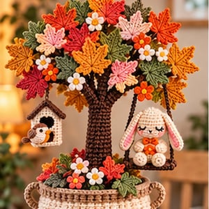 Könnte beinhalten: Ein gehäkelter Herbstbaum in einem strukturierten Topf mit leuchtend orangefarbenen, roten und grünen Ahornblättern und kleinen weißen Blüten. Ein gehäkeltes Vogelhaus mit Vogel hängt an einer Seite, während ein gehäkelter Hase auf einer Schaukel sitzt.