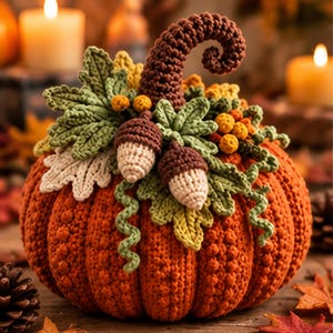 May include: A crocheted orange pumpkin featuring a dark brown curled stem, green crocheted leaves, two light brown and dark brown acorns, and small yellow berries. The pumpkin has a textured, ribbed surface and is decorated with green vines.