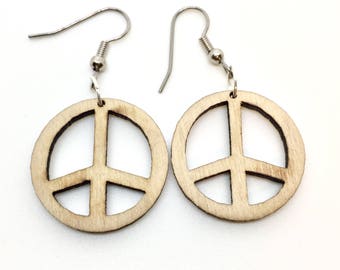 Wood Earrings - Laser Cut - Peace Sign