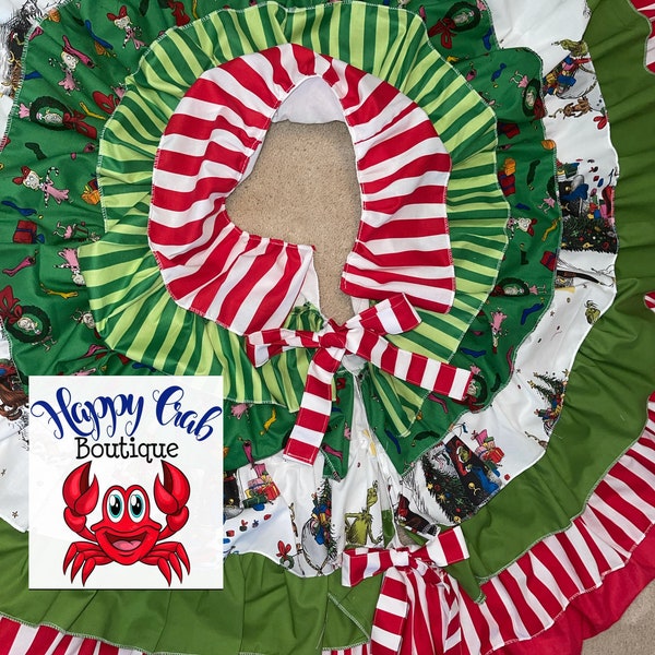 60" The Mean One Grinch CHRISTMAS fabrics Ruffle tree skirt BY Happy Crab Boutique