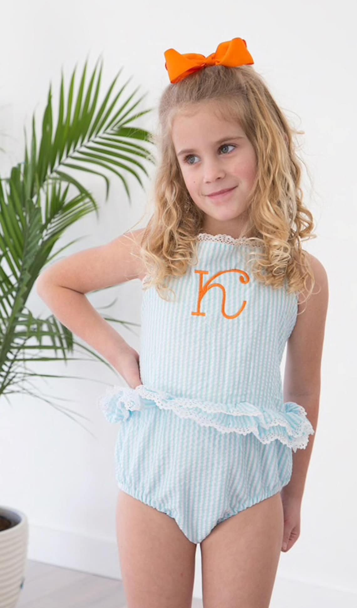 Kids Seersucker Monogrammed Swimsuits One Piece with LACE by Etsy