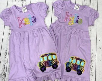 Back to School Ruffle Monogram girl dresses with monogram and Appliqué by Happy Crab Boutique