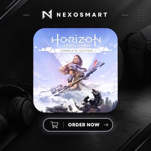 Può includere: Una copertina di gioco quadrata per Horizon Zero Dawn Complete Edition con un personaggio centrale che impugna arco e freccia davanti a un cielo azzurro e montagne, con un pulsante nero sottostante che mostra un carrello e il testo ORDER NOW.