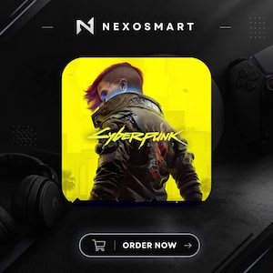 Peut inclure: Un graphique numérique carré présentant l'illustration de couverture du jeu Cyberpunk 2077 avec un personnage en veste sombre sur un fond jaune vif. Au-dessus du graphique se trouve le texte NEXOSMART et en dessous un bouton avec le texte ORDER NOW.
