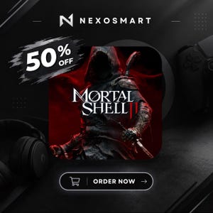 Może przedstawiać: Cyfrowa grafika promocyjna gry wideo Mortal Shell II przedstawiająca postać w kapturze i ciemnej zbroi na czerwonym tle. Obraz zawiera tekst NEXOSMART, 50% OFF, MORTAL SHELL II oraz przycisk z napisem ORDER NOW.