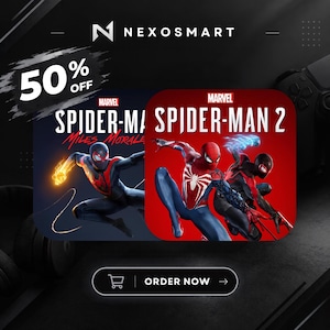 Könnte beinhalten: Eine Werbegrafik für Nexosmart mit den Videospiel-Covern von Marvel Spider-Man Miles Morales und Marvel Spider-Man 2. Das Bild zeigt den Text 50% OFF, das Nexosmart-Logo und eine Order Now-Schaltfläche mit einem Einkaufswagen-Symbol.