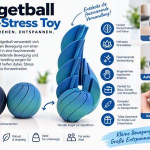 Könnte beinhalten: Ein Fidgetball Anti-Stress-Spielzeug, das sich von einer kompakten Kugel in eine Spiralform verwandelt. Das Spielzeug ist in Dunkelgrau und einem Blau-Grün-Verlauf dargestellt. Text umfasst Fidgetball Anti-Stress Toy, Falten. Drehen. Entspannen und Kleine Bewegung. Große Entspannung.