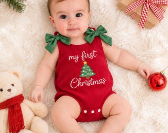 Baby Girl Christmas Romper, Pink or Red Holiday Outfit, Embroidered Bow Sleeveless Bodysuit, Infant Xmas Clothes, Baby Gift