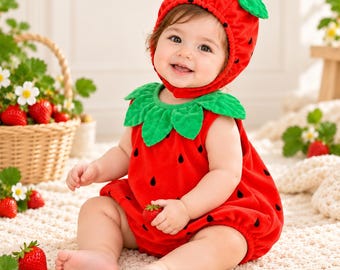 Déguisement de fraise pour bébé, barboteuse d'Halloween, tenue de séance photo, déguisement de fruit pour bébé, tenue de fête pour tout-petit, ensemble cadeau unisexe pour nouveau-né avec chapeau et combinaison