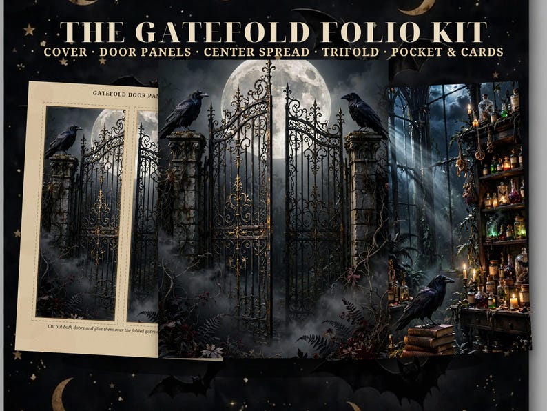 May include: The Gatefold Folio Kit includes printed sheets featuring a gothic gate, ravens, a full moon, and a potion shelf. The text reads: THE GATEFOLD FOLIO KIT, COVER, DOOR PANELS, CENTER SPREAD, TRIFOLD, POCKET & CARDS.